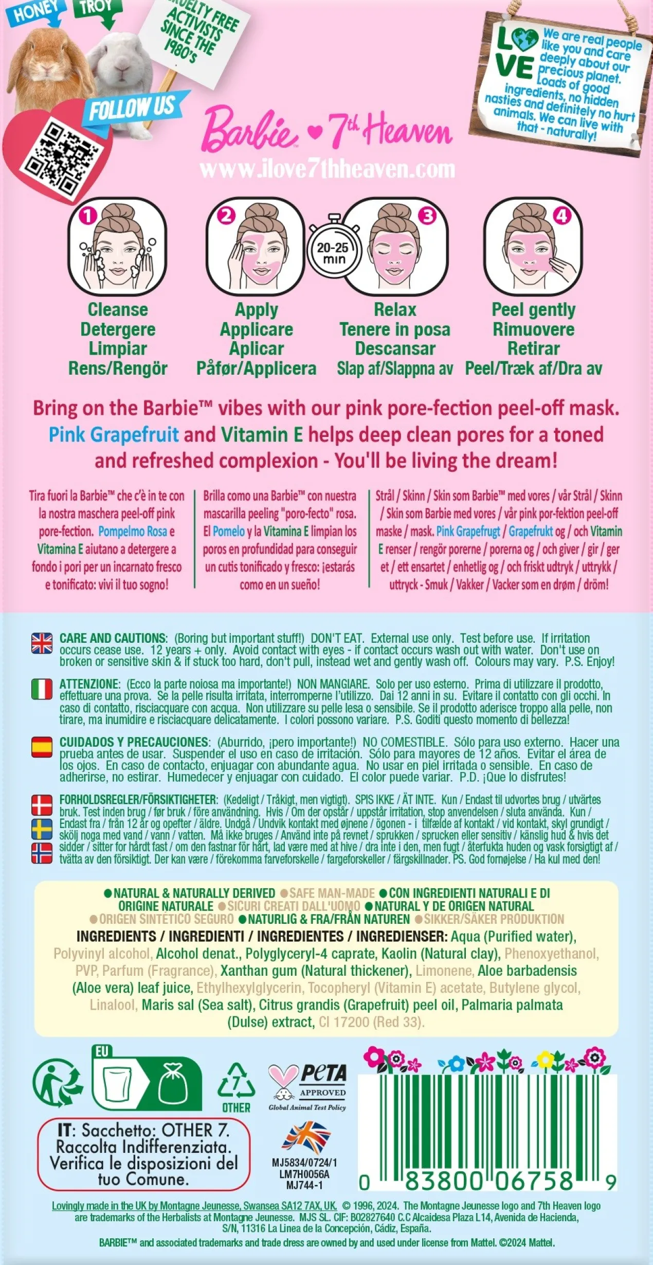 Barbie Peel-Off Face Mask Mascarilla Facial con Pomelo Rosa y Vitamina E