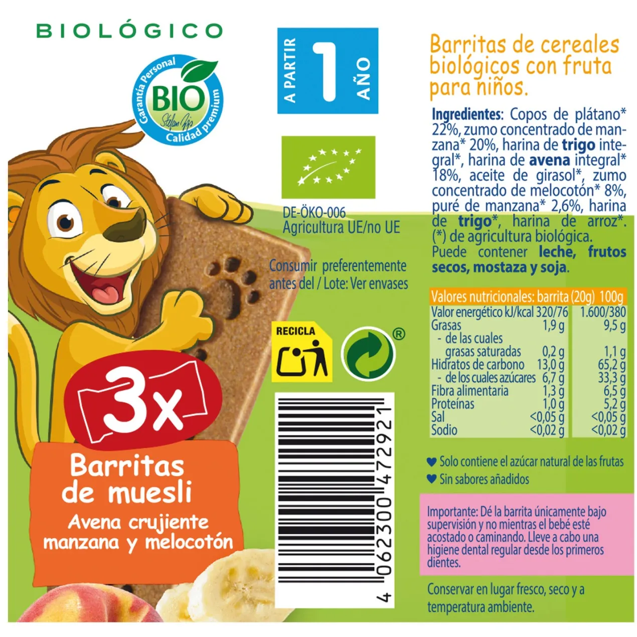 Barritas de Muesli Avena Crujiente, Manzana y Melocotón