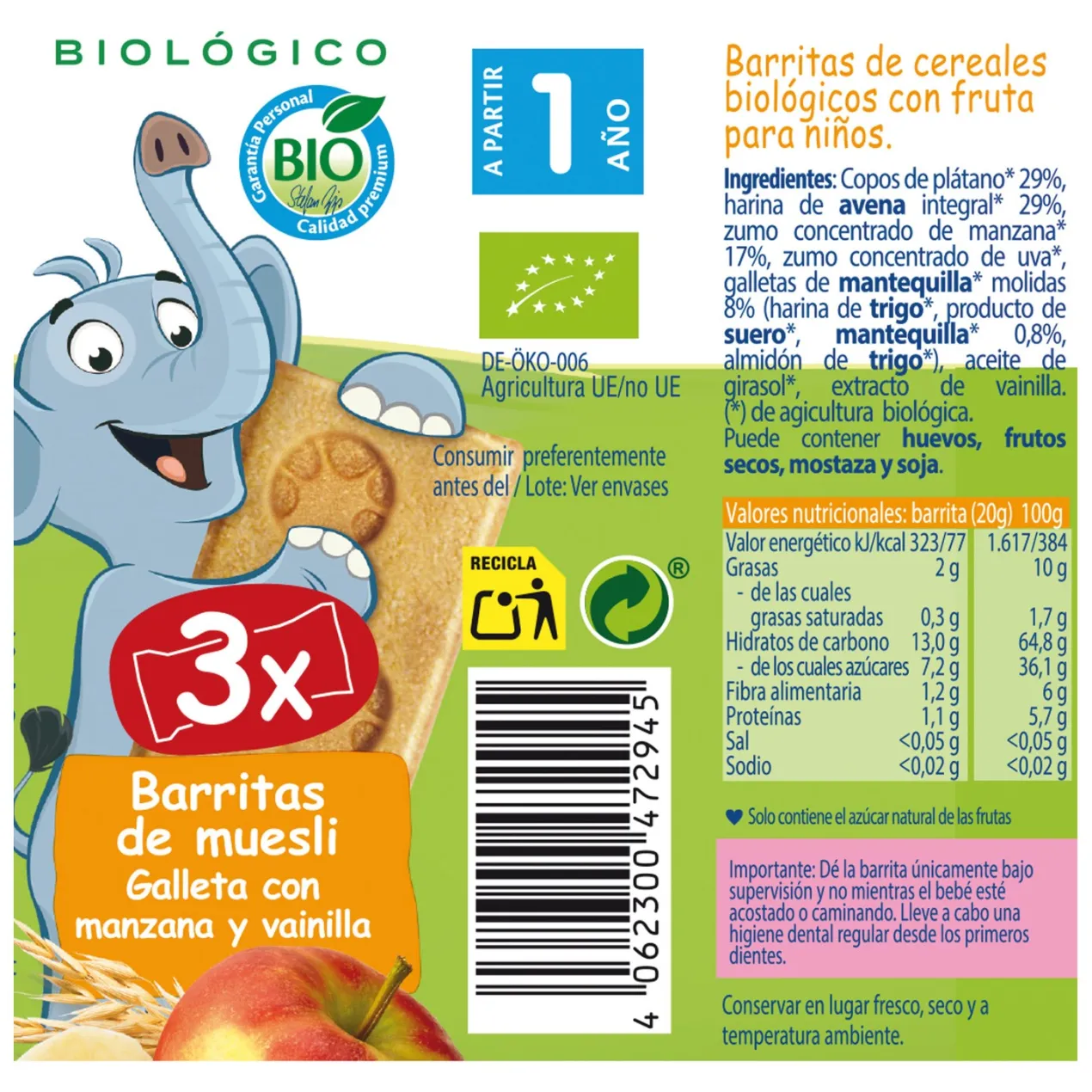 Barritas de Muesli Galleta con Manzana y Vainilla +12 meses