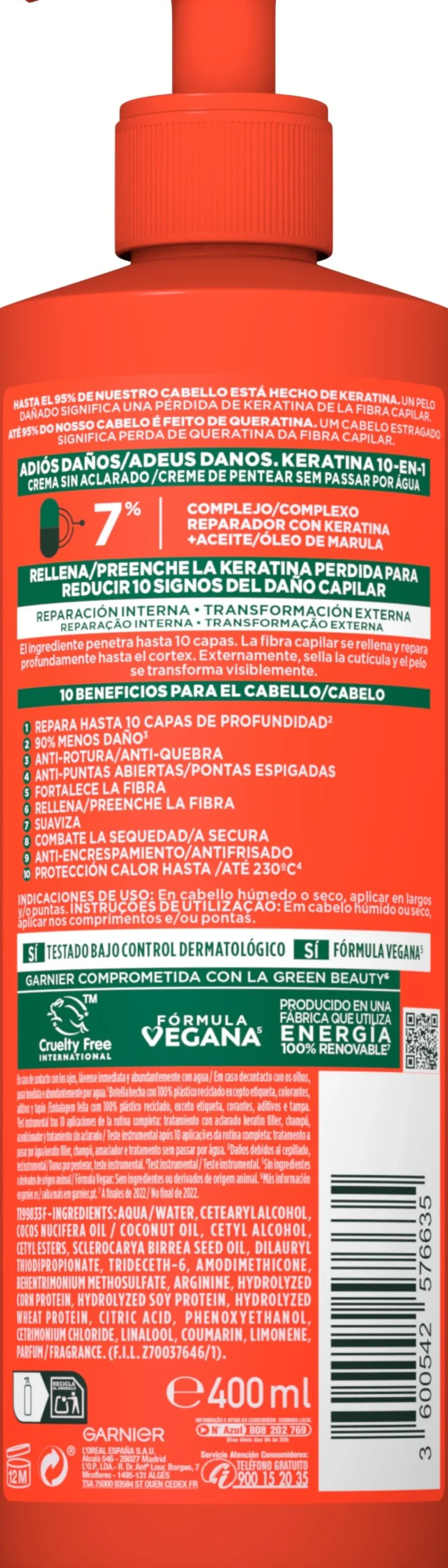Fructis Crema sin Aclarado 10-en-1 Adiós Daños con Aceite de Marula para cabello dañado