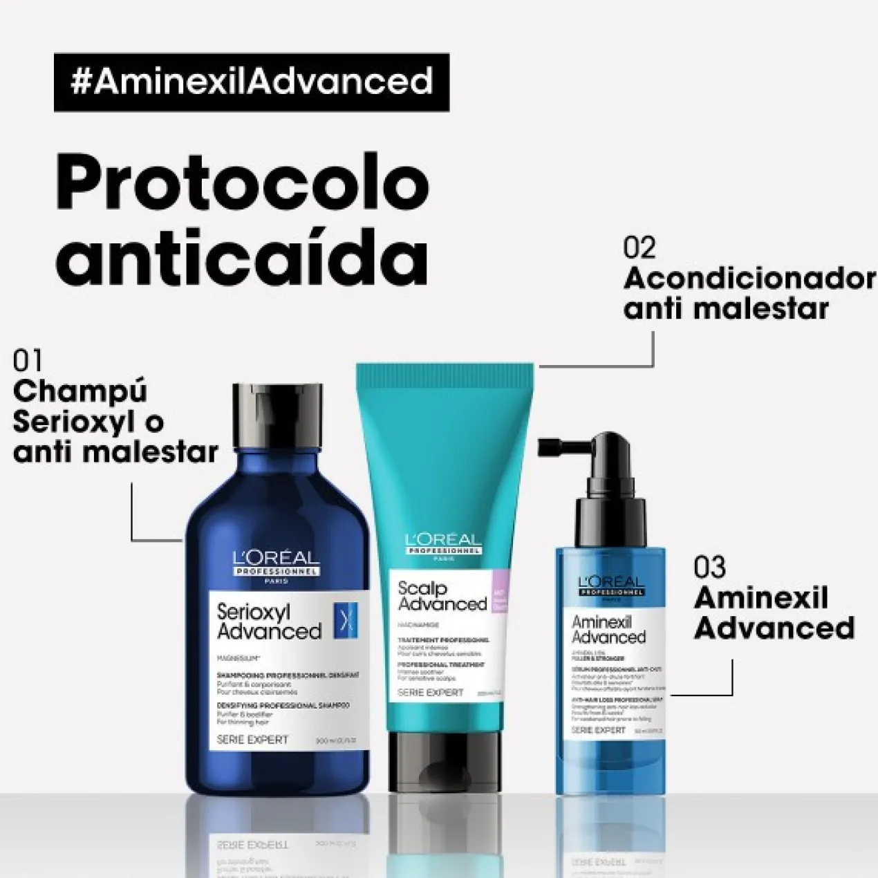 Serum Aminexil Advanced Fuller & Stronger enriquecido con activos dermatológicos para cabello con caída