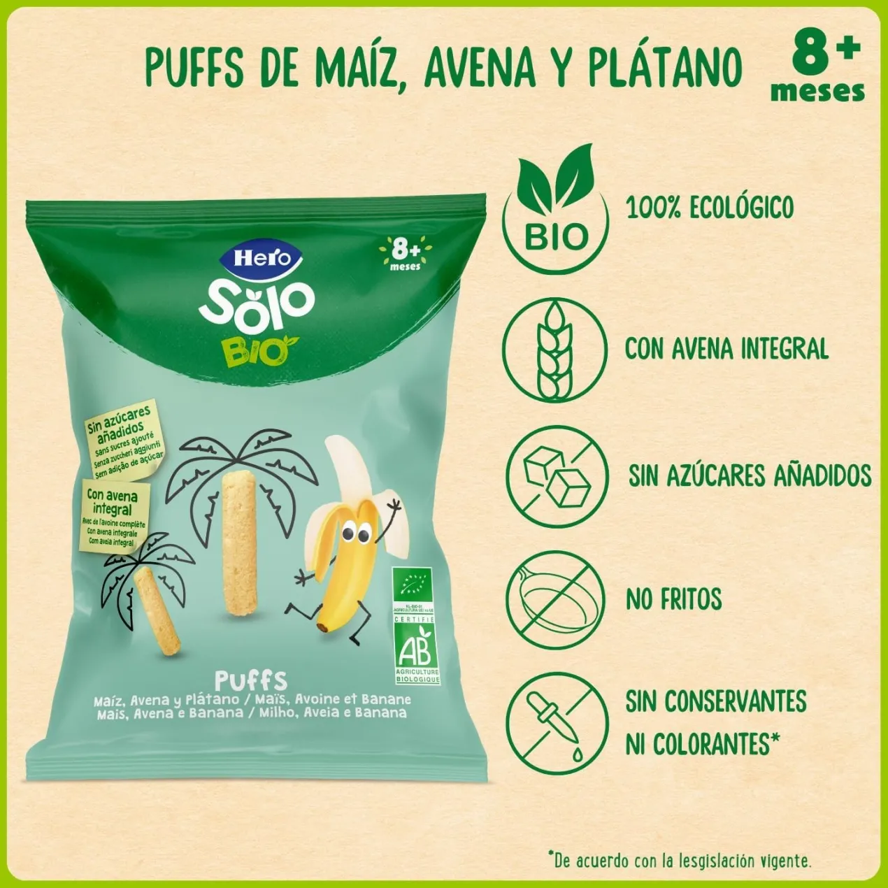 Solo Bio Snacks Puffs Maíz, Avena y Plátano +8 Meses